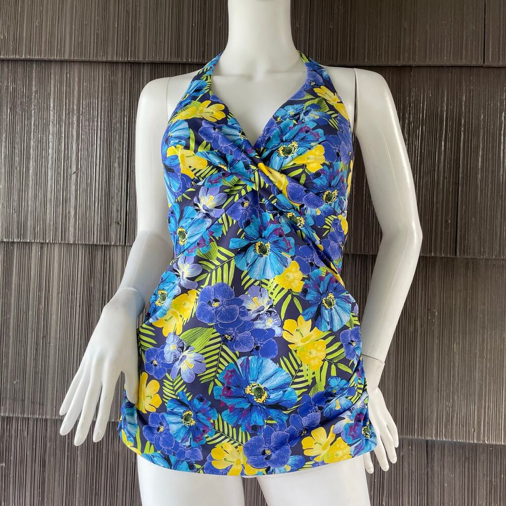 🔥Lands End Halter Neck Orchid Floral tropical Tankini Top Swim Beach Summer 14